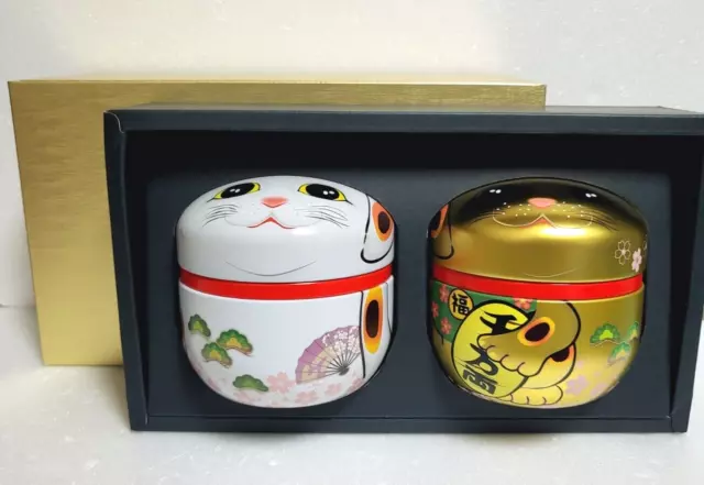 Beckoning cat Tea Can Set Tin Case Manekineko Japan