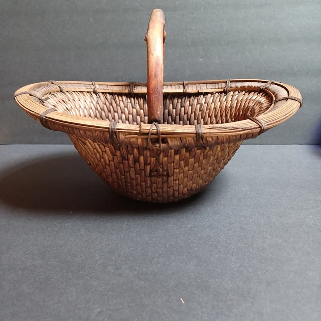 Antique Chinese Market Basket Hand Woven Willow w/Wood Handle 15" L x 10" W