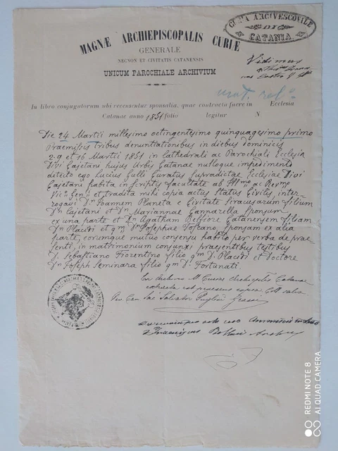 Catania 1857 Curia Arcivescovile - Timbri - Firme - Splendido Raro Documento