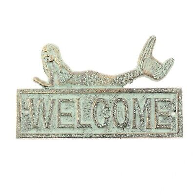 Mermaids Theme " Welcome " Wall Plaque Ornamental Cast Iron Antiqued Finish Sign