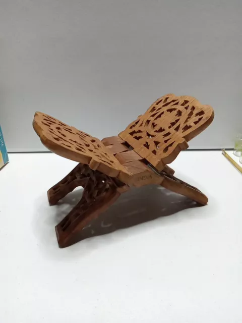 Hand Carved Wood Folding Book Stand Made in India Cookbook Bible Holder