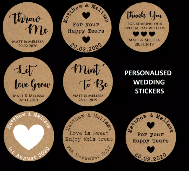 Personalised Wedding Shabby Brown Kraft Effect Favour Stickers - VARIOUS SIZES