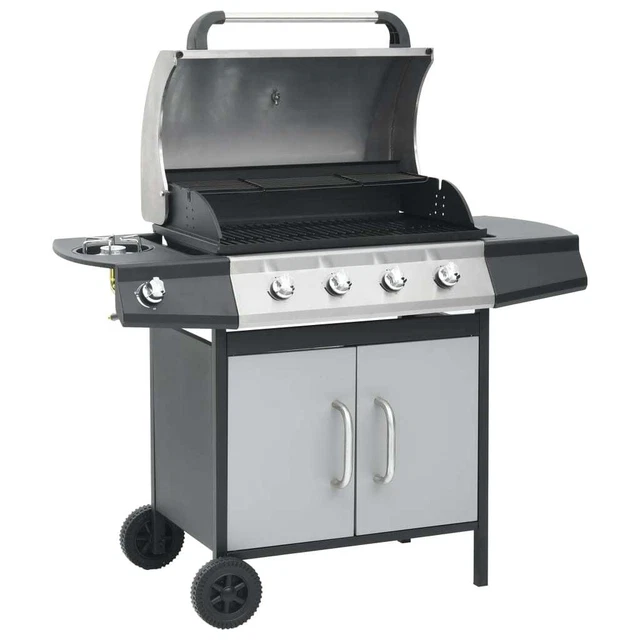 Gasgrill 4+1 Brenner Schwarz und Silbern Stahl & Edelstahl