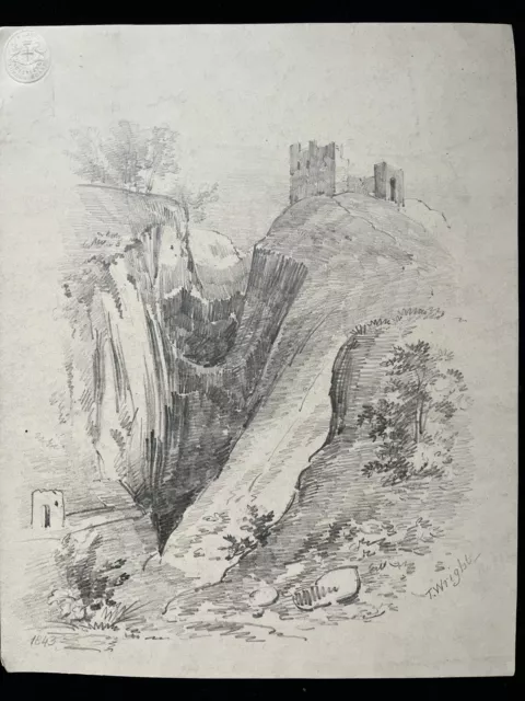 7 Pencil Drawings, T Wright, Landscapes w. Castle Ruins 1840-50, Three Signed 2