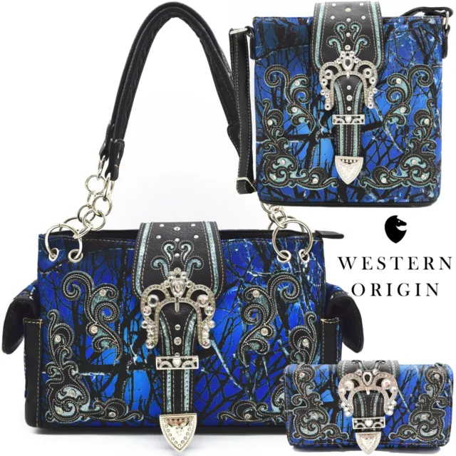 Camouflage Buckle Handbag Western Purse Women Shoulder Bag Crossbody Wallet Blue