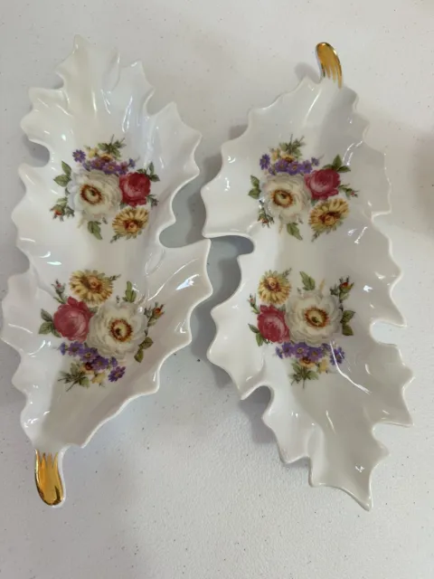 2-pair Of Old Nuremberg Bavaria Germany Porcelain Leaf Candy Dish Floral Plate