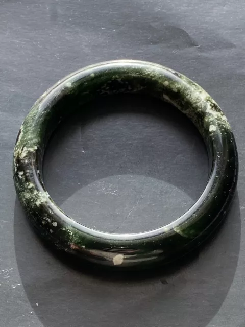 Superb Chinese Hand Carved Translucent Dark Green Jade Bangle “Snowflake” 59mm