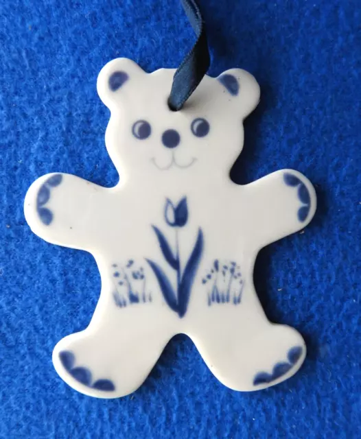 Vintage Russ Farmhouse Accents Ornament Blue & White Ceramic Teddy Bear