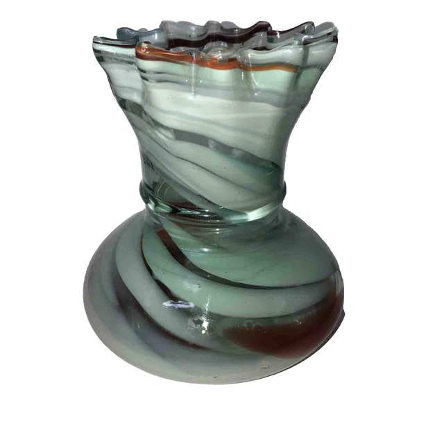 VTG Hand Blown Art Glass Swirled Top Ruffled Edge