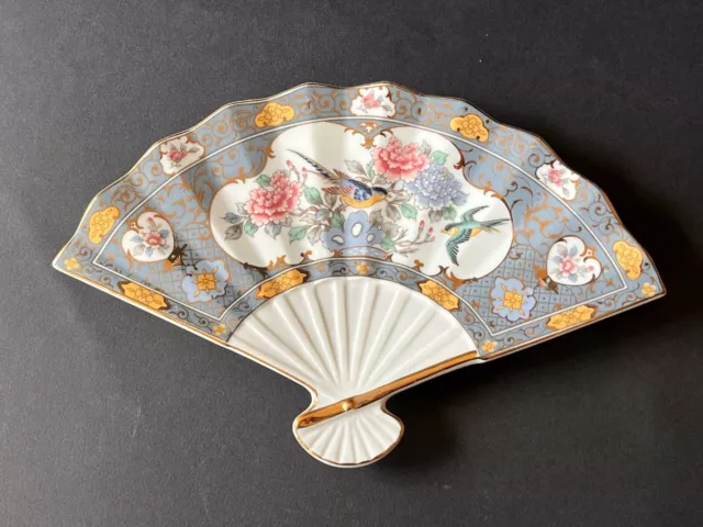 Vintage Japanese Porcelain Footed Fan Shape Shallow Dish Floral Birds Gilded