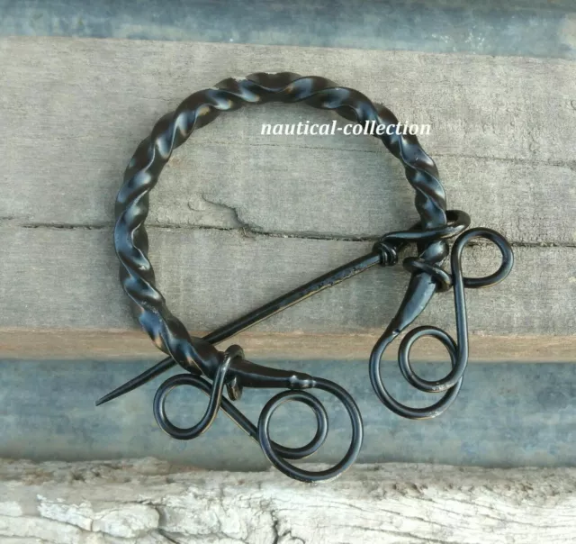 Medieval Viking Knotted Fibula Cloak Pin - Hand-Forged Twisted Black Iron Brooch