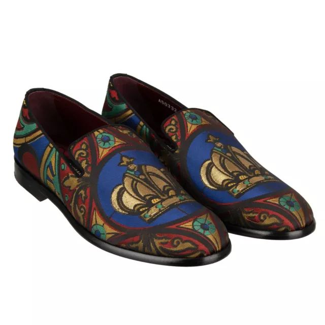 Dolce & Gabbana Corona Lurex Jacquard Loafer Scarpe Milano Oro Blu 12694