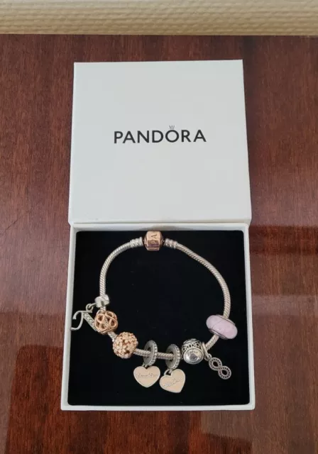 Authentique Bracelet PANDORA avec 8 Charms 1 Bloqueur Argent Plaqué Or Rose