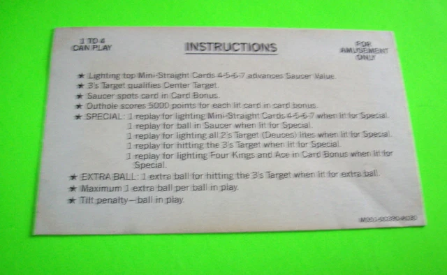 Kings Of Steel 1984 Original Pinball Machine Instruction Card
