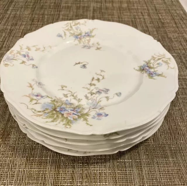 Set of 5 Theodore Haviland Limoges France 8" Salad Plates, Blue/Lavender Flowers