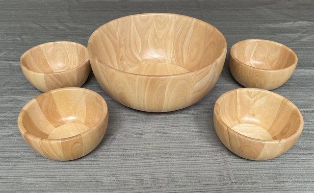 Vintage Fortunoff Light Brown Wooden Large 11" Serving Bowl & 4 Salad Bowls