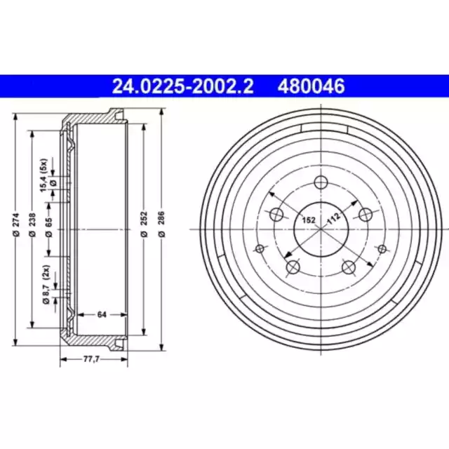 Bremstrommel ATE 24.0225-2002.2 (2 Stk.) für VW Transporter T3