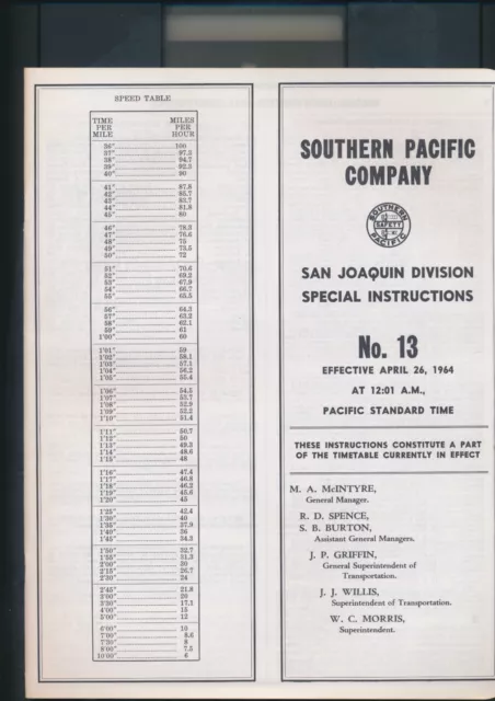 Southern Pacific Company  Special Instructions #13 San Joaquin D April 26 , 1964