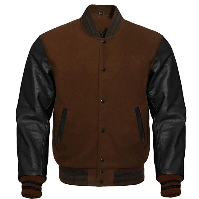 Letterman Baseball Bomber varsity Jacket Brown Wool & Black Leather Sleeves