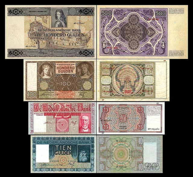 2x 10, 25, 100, 500 Gulden - Edition 1930 - 1944 - Reproduction - NL 10 2x 10, 25, 100, 500 Gulden - Edition 1930 - 1944 - Reproduction - NL 10