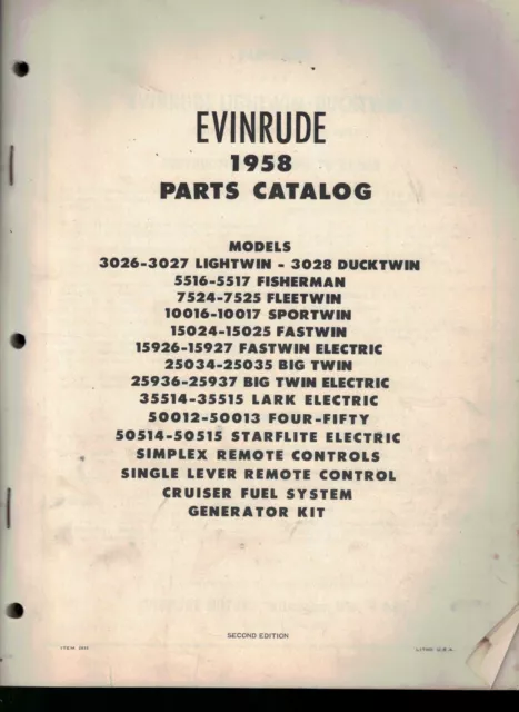 1958 Evinrude Outboard Boat Motor Complete Parts List various Models