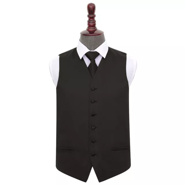 DQT Satin Plain Solid Black Mens Wedding Waistcoat & Tie Set S-5XL