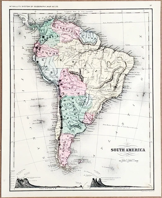 1870 South America Map Patagonia Brazil Venezuela Peru Chili Argentina Colombia