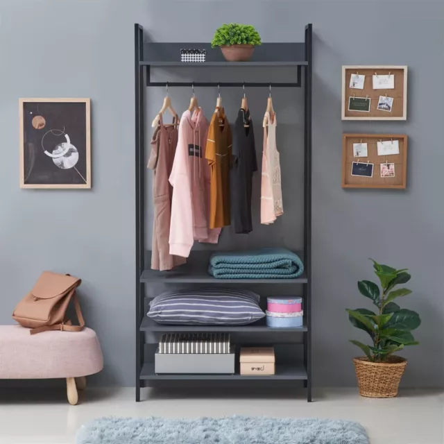 4 Shelf Zahra Dark Grey Open Wardrobe Wide Bedroom Storage Cupboard ‖ LTAD