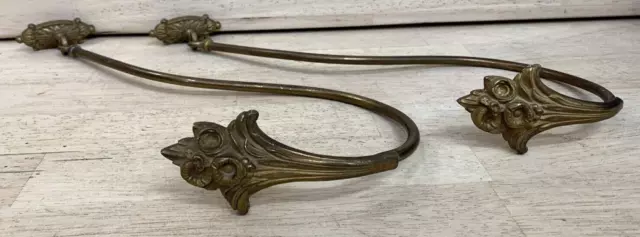 2 ANTIQUE BRASS HOOKS French Victorian Drapery Curtain Ornate Architectural 12"