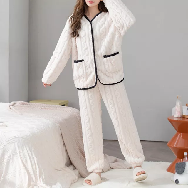 Womens Flannel Pajamas Set Button Tops With Pants Warm Nightwear Sleepwear