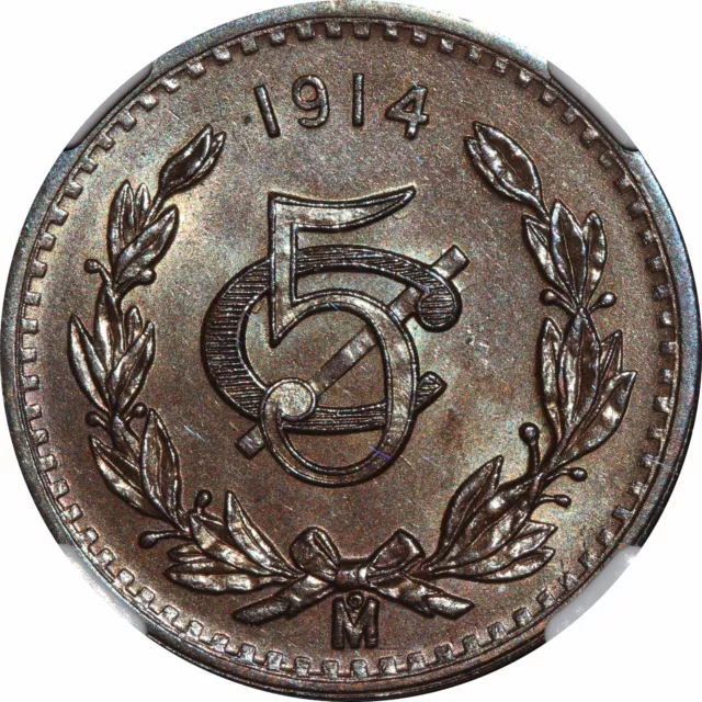 Mexico 5 Centavos Mo 1914, NGC MS64 BN. KM# 422