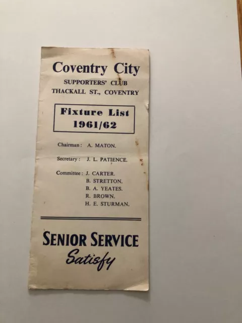 1961/62 Coventry City Fixture List