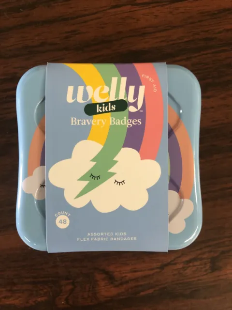 Welly Bandages 48 Bandages Flexible Fabric Adhesive Fun Rainbow Tin Box New