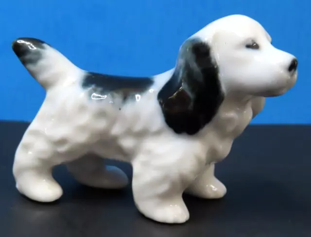 Vintage Black & White Porcelain Small Cocker Spaniel Dog Figurine Japan 1.75"