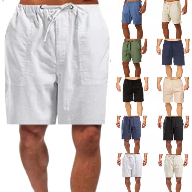 Mens Cotton Linen Shorts Elastic Waist Drawstring Summer Loose Casual Pants  Soft