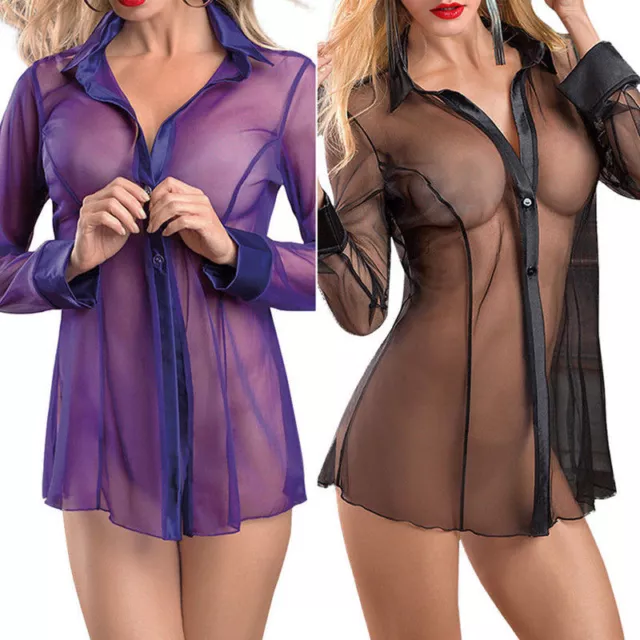 Women' Sheer Lingerie Casual Blouse Long Sleeve Sleepwear Underwear Nightwear