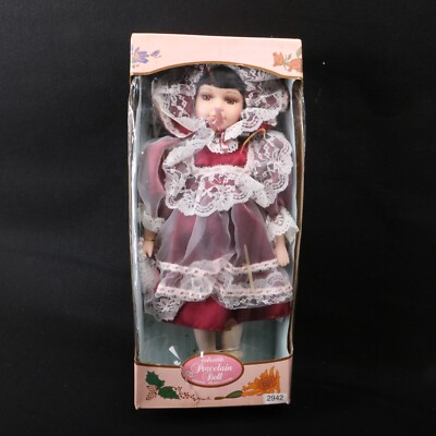 Kingstate Doll Porcelain Red Dress White Lace Brown Hair In Box