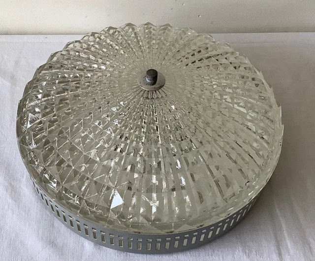 Ancien PLAFONNIER ou APPLIQUE Vintage en VERRE MOULÉ & METAL ARGENTÉ 13