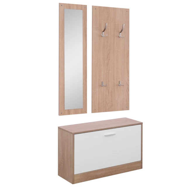 Appendiabiti con scarpiera, armadi, 100x38x180 cm, 2 cassetti 2 ante, con panca portascarpe e specchio, asta appendiabiti a scomparsa, pannello truciolare, naturale