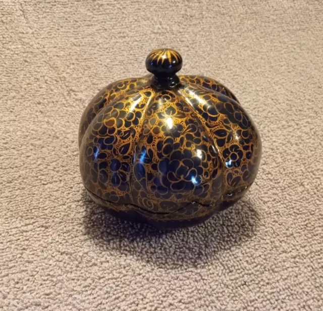 Vintage Hand Carved Round Wooden Lacquered Trinket Jewelry Box  Bowl With Lid