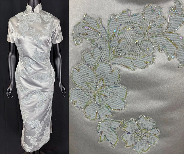Vintage Chinese Cheongsam Blue Silk Iridescent Trim Lace Applique Qipao Dress