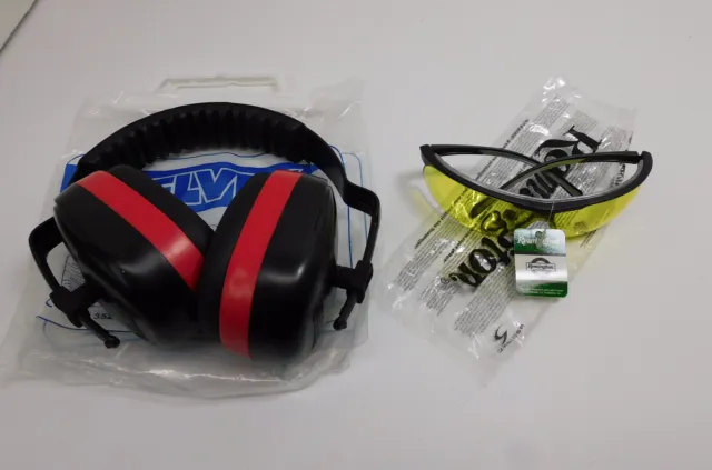 Two Elvex Hearing Protection MaxiMuffs Red HB-35, ValueMuff Blue HB-25 & Glasses