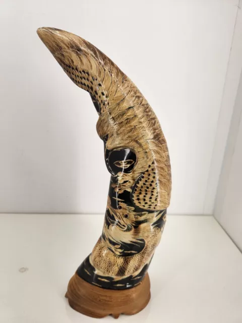 Hand Carved Water buffalo Horn Serpent Dragon Bird Wood Base From Thailand