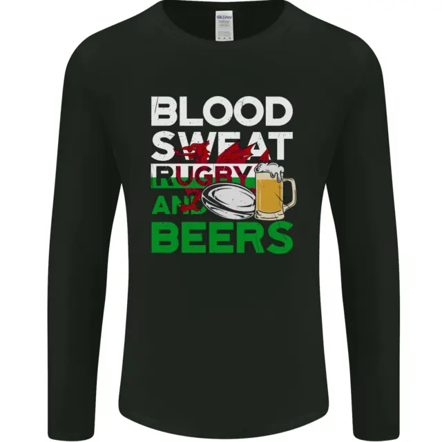 T-shirt a maniche lunghe Blood Sweat Rugby and Beers Wales divertente da uomo