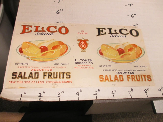 ELCO fruit cocktail salad fruit 1930s tin can food paper label L Cohen Grocer