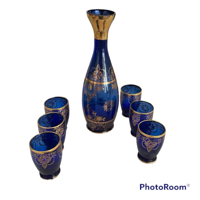 Vintage wine decanter set and 6 shot glasses bohemian  blown glass blue gold