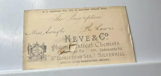Antique Pharmacy Prescription Envelope  Neve & Co Silverhill to  Miss Swingler