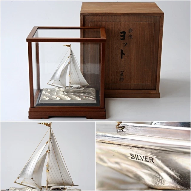 Silver Yacht Figurine Glass Case with Paulownia Box SILVER From Japan