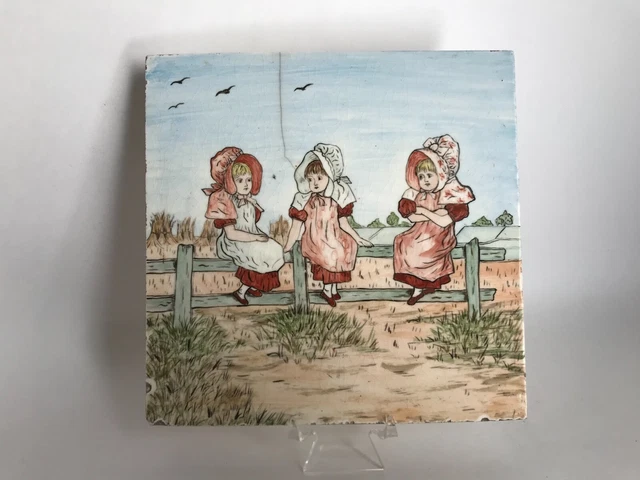 Antique English Victorian E.B.S Hand Painted 3 Girls Ceramic Tile #5