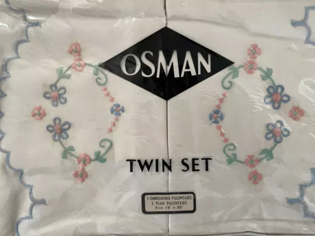 2 Pillowcases Osman Cotton Vintage 1940 Plain White  new boxed Pair